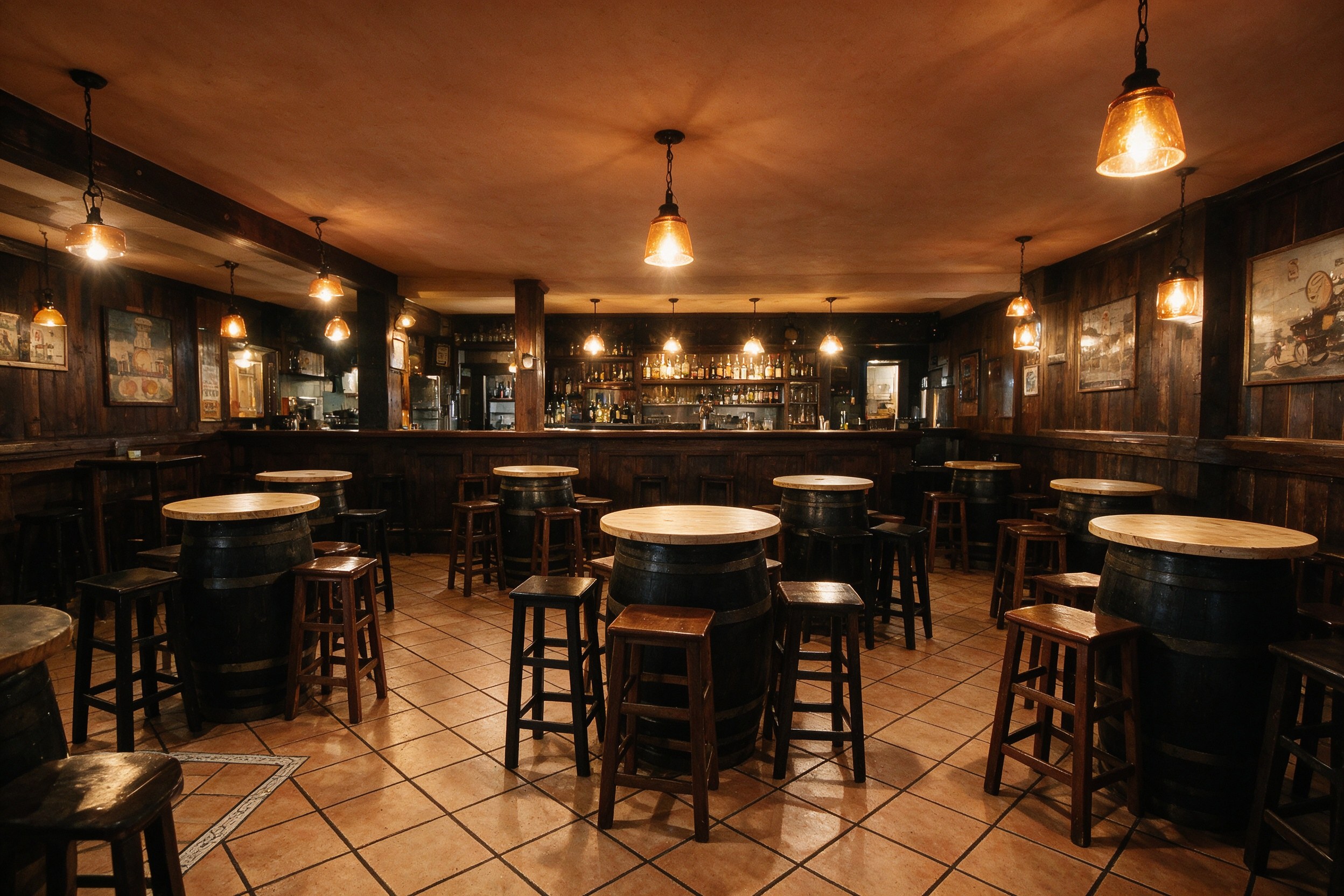 Interior rústico de taberna con suelo de terracota, mesas de barril de madera y larga barra con botellas