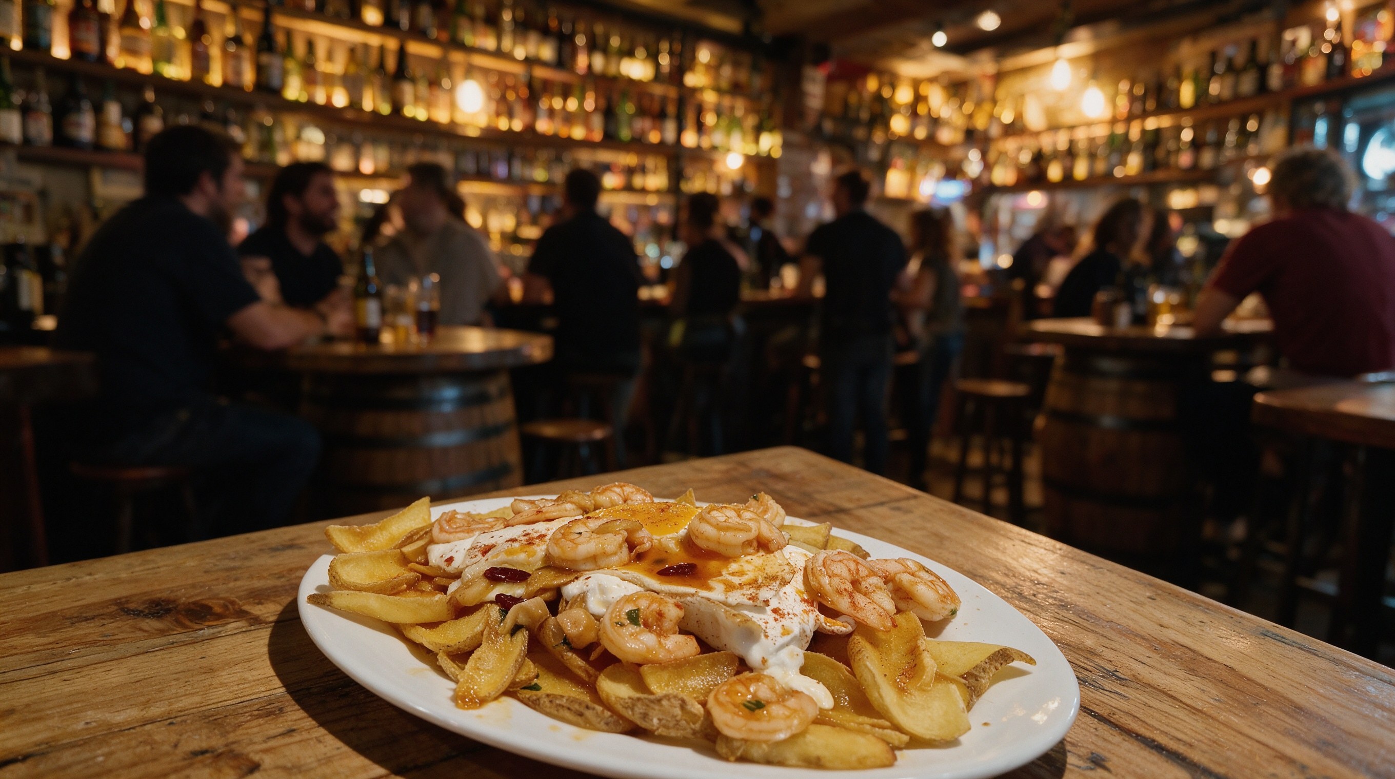 Taberna llena de noche con mesas de barril, pared de botellas de cerveza y luces cálidas