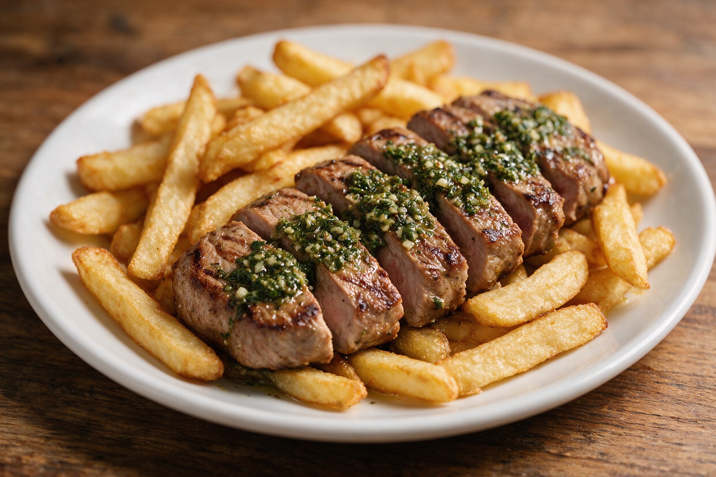 Plato de solomillo a la plancha con chimichurri verde sobre patatas fritas