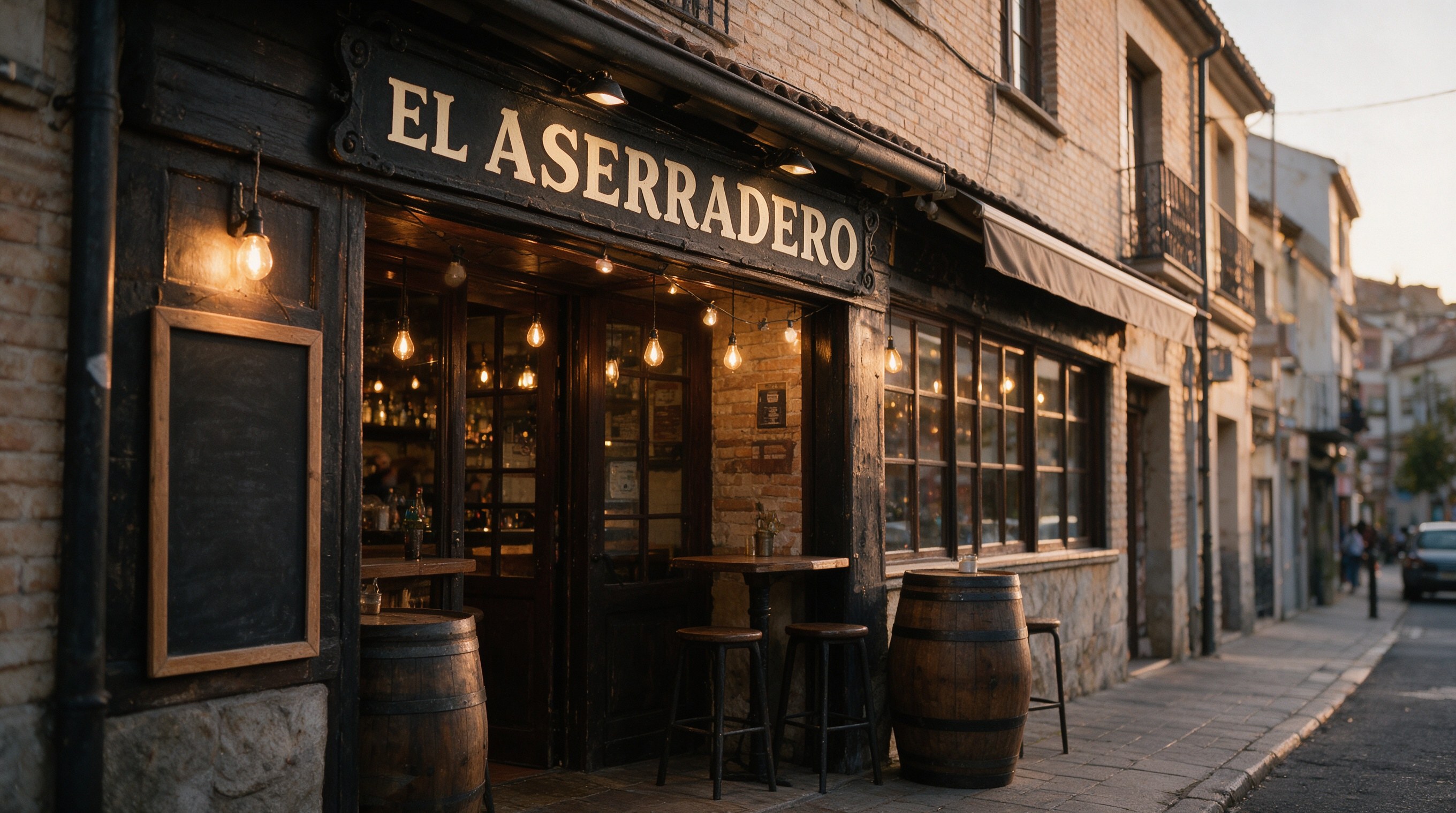 Fachada de taberna de ladrillo y madera con el rótulo EL ASERRADERO iluminado al anochecer y barriles en la terraza